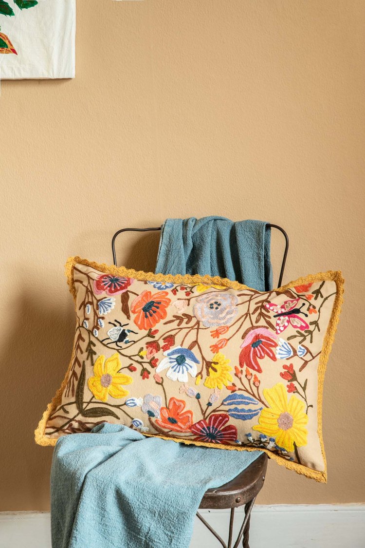 Artisan Embroidered Natural Flower Cushion