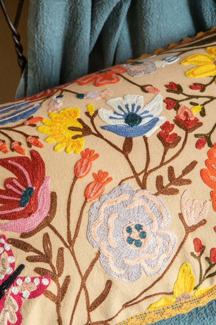 Artisan Embroidered Natural Flower Cushion