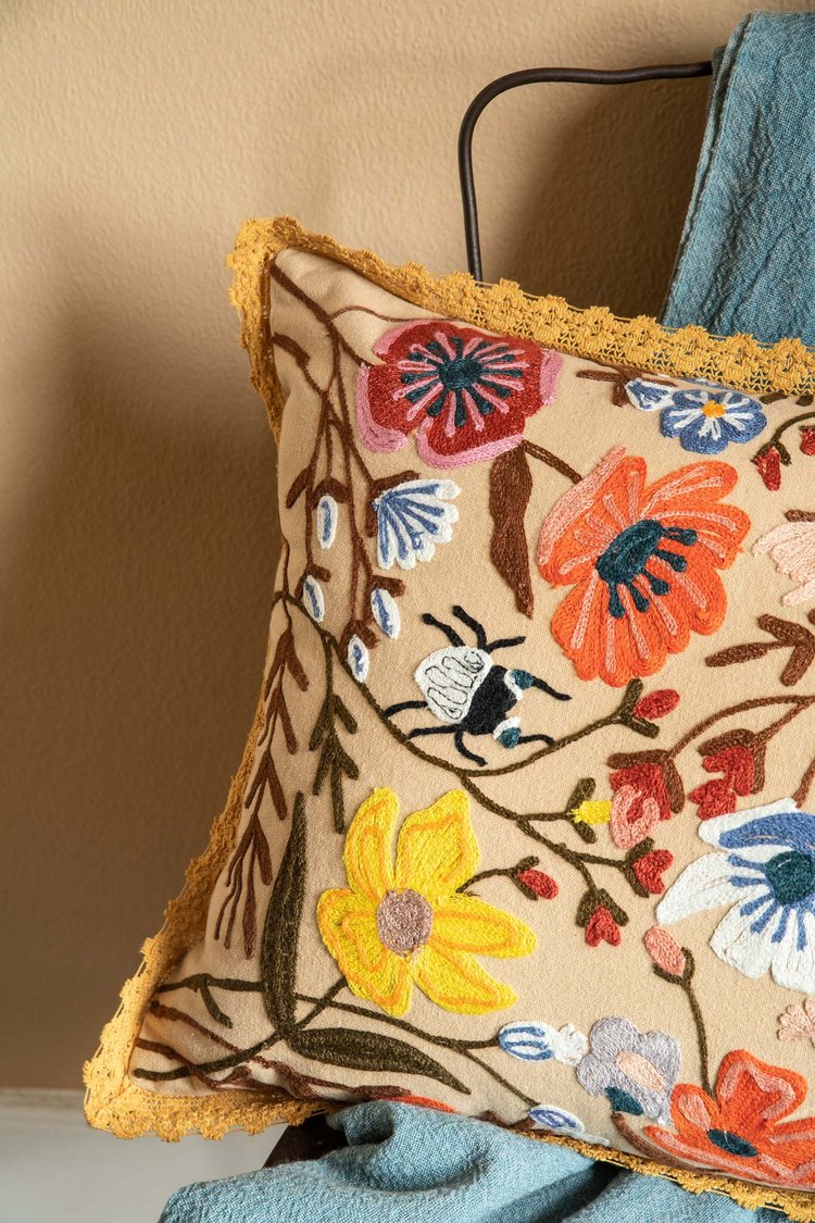 Artisan Embroidered Natural Flower Cushion