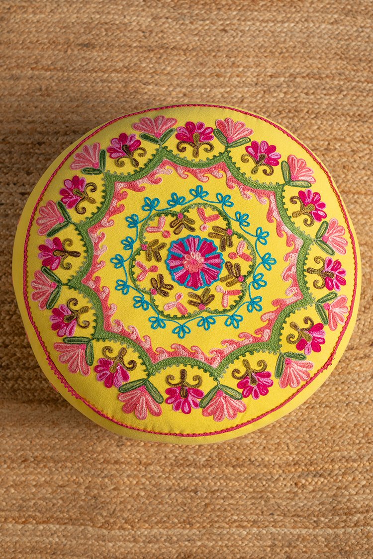 Artisan Yellow Embroidered Mandala Pouffe