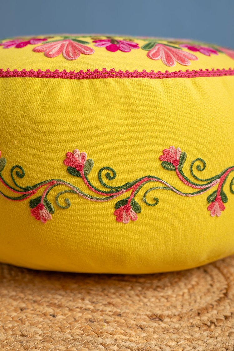 Artisan Yellow Embroidered Mandala Pouffe