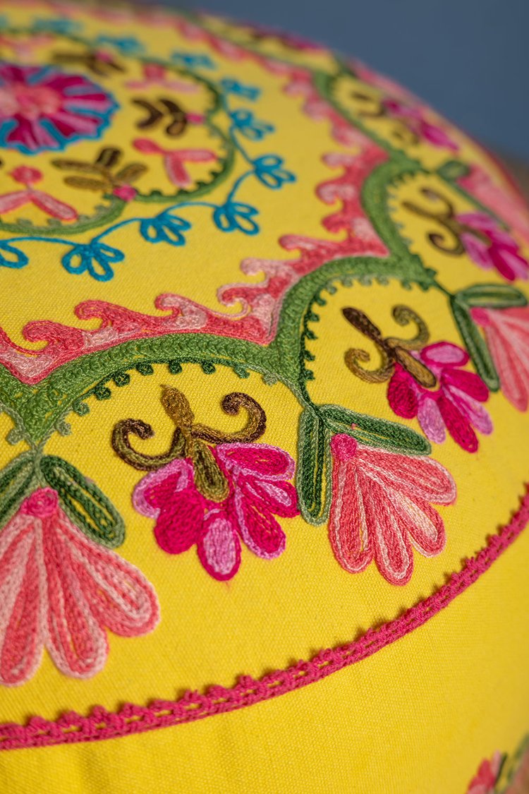 Artisan Yellow Embroidered Mandala Pouffe