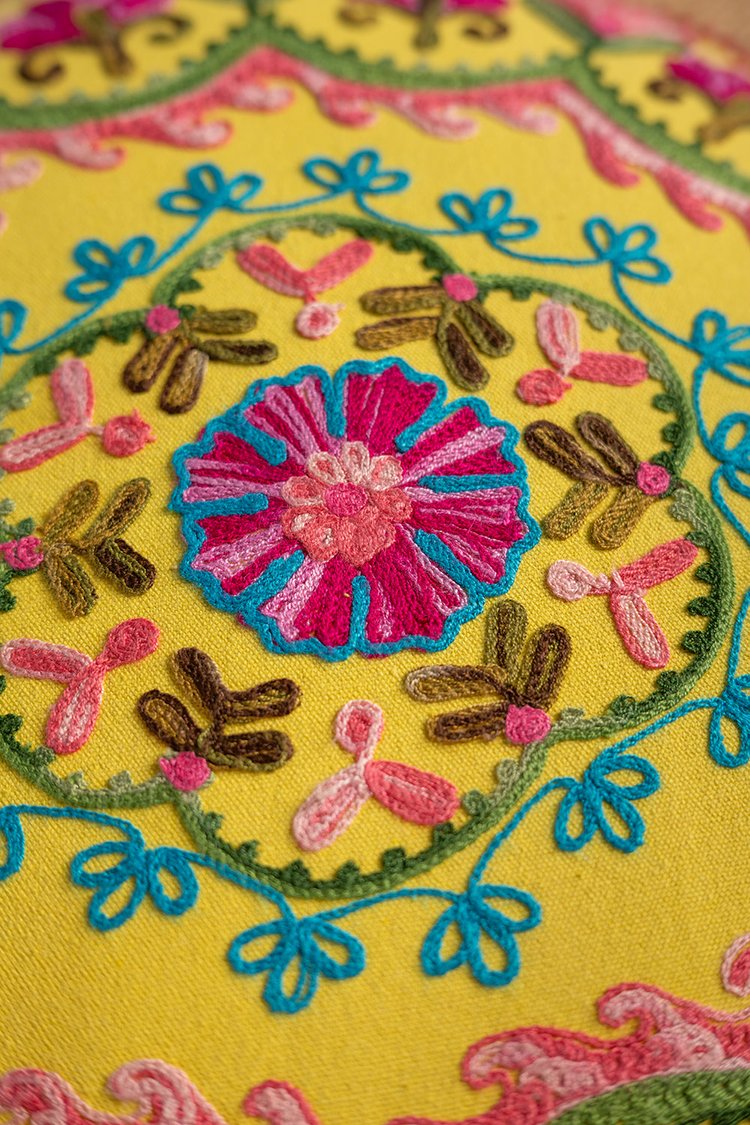 Artisan Yellow Embroidered Mandala Pouffe