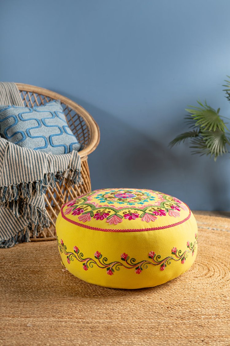Artisan Yellow Embroidered Mandala Pouffe