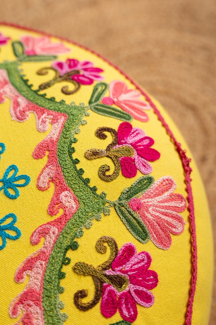 Artisan Yellow Embroidered Mandala Pouffe