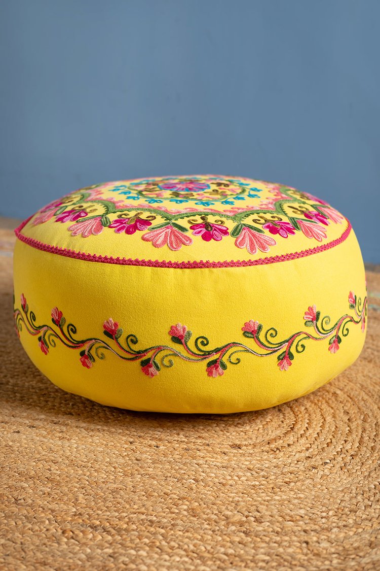 Artisan Yellow Embroidered Mandala Pouffe