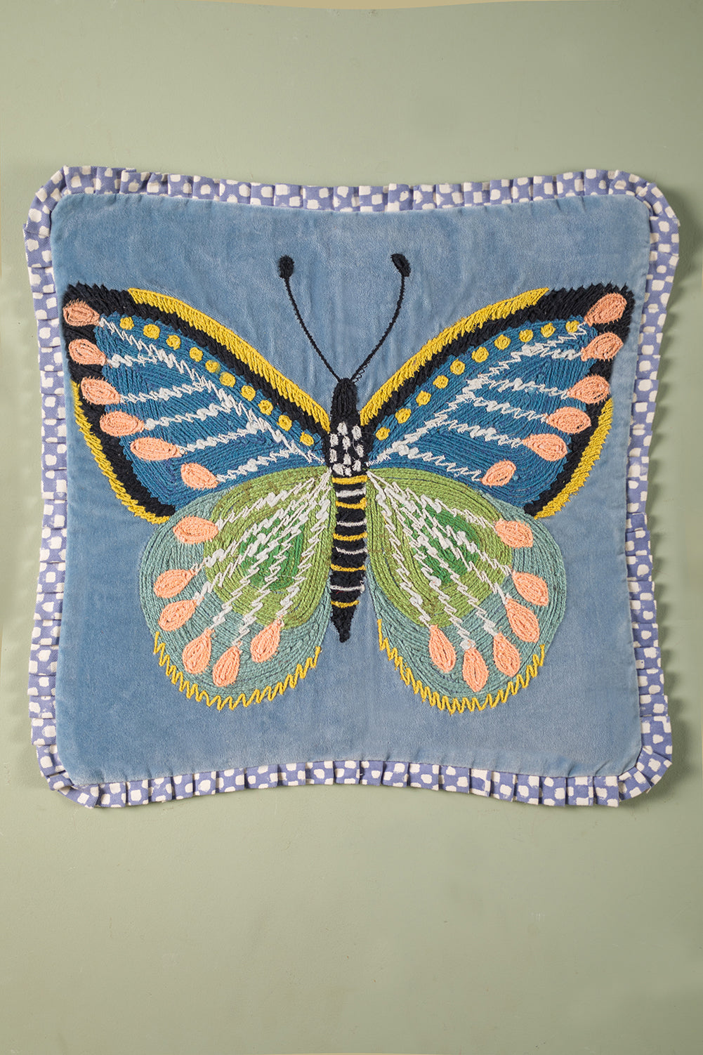 Artisan Embroidered Butterfly Velvet Cotton Cushion