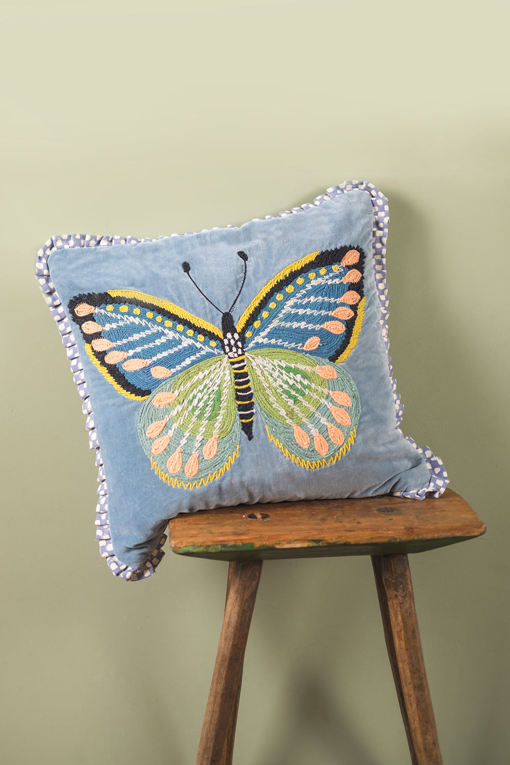 Artisan Embroidered Butterfly Velvet Cotton Cushion