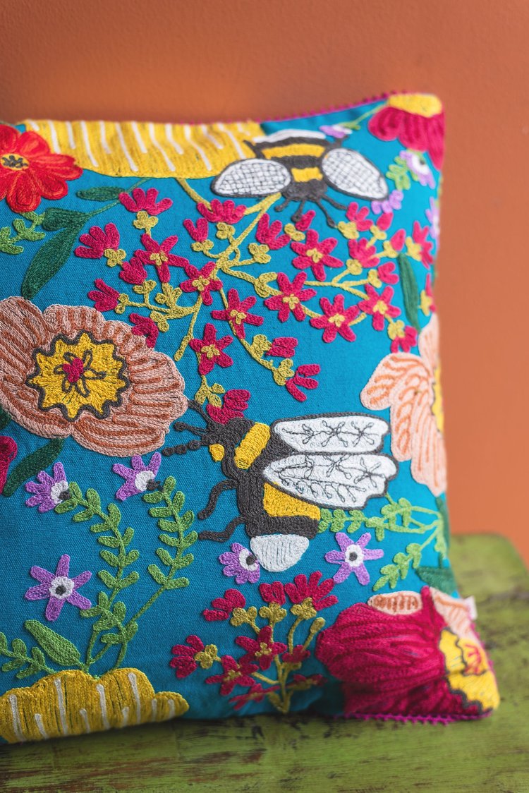 Artisan Embroidered Wild Flowers & Bee Cushion
