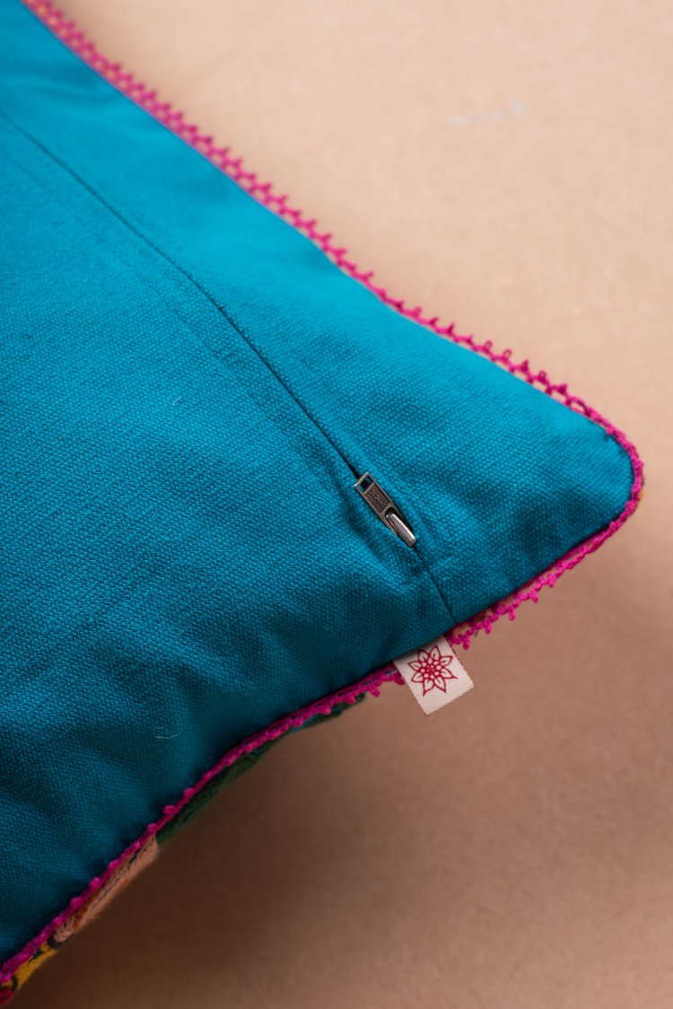 Artisan Embroidered Wild Flowers & Bee Cushion