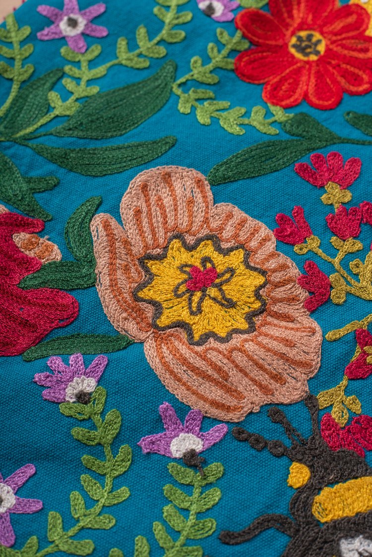 Artisan Embroidered Wild Flowers & Bee Cushion