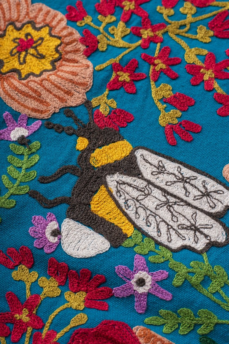 Artisan Embroidered Wild Flowers & Bee Cushion