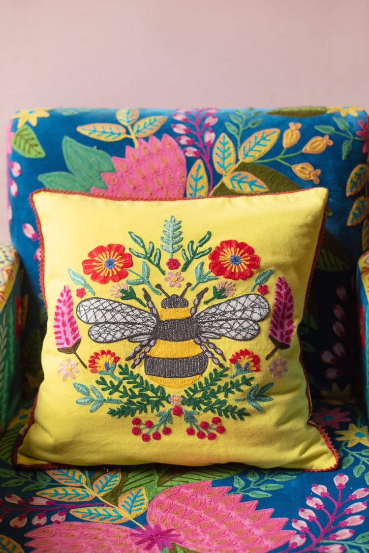 Artisan Embroidered Bee Cushion