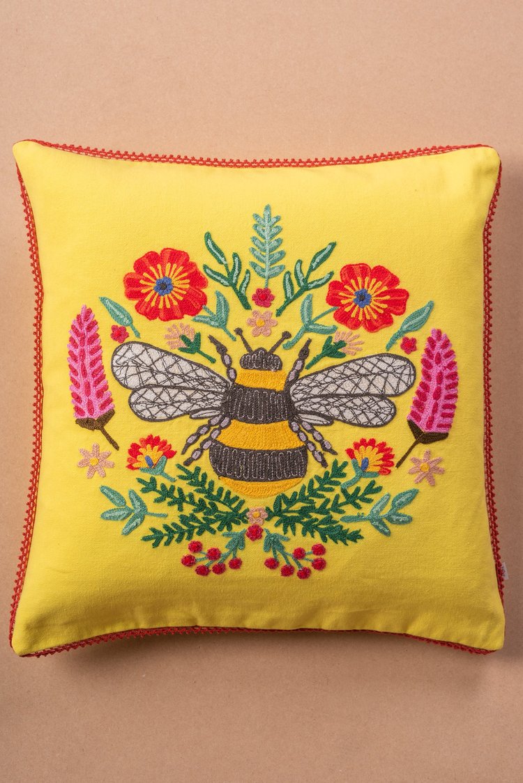 Artisan Embroidered Bee Cushion