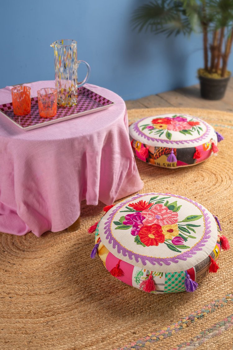 Artisan White Floral Embroidered Patch Pouffe