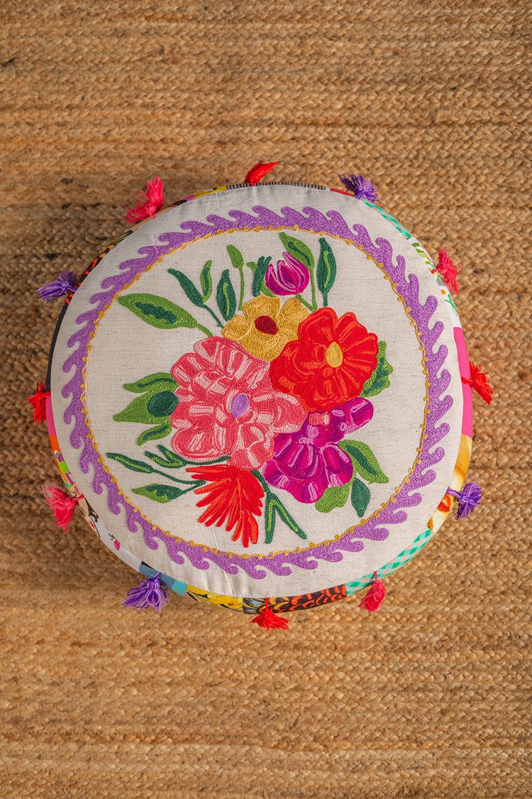 Artisan White Floral Embroidered Patch Pouffe