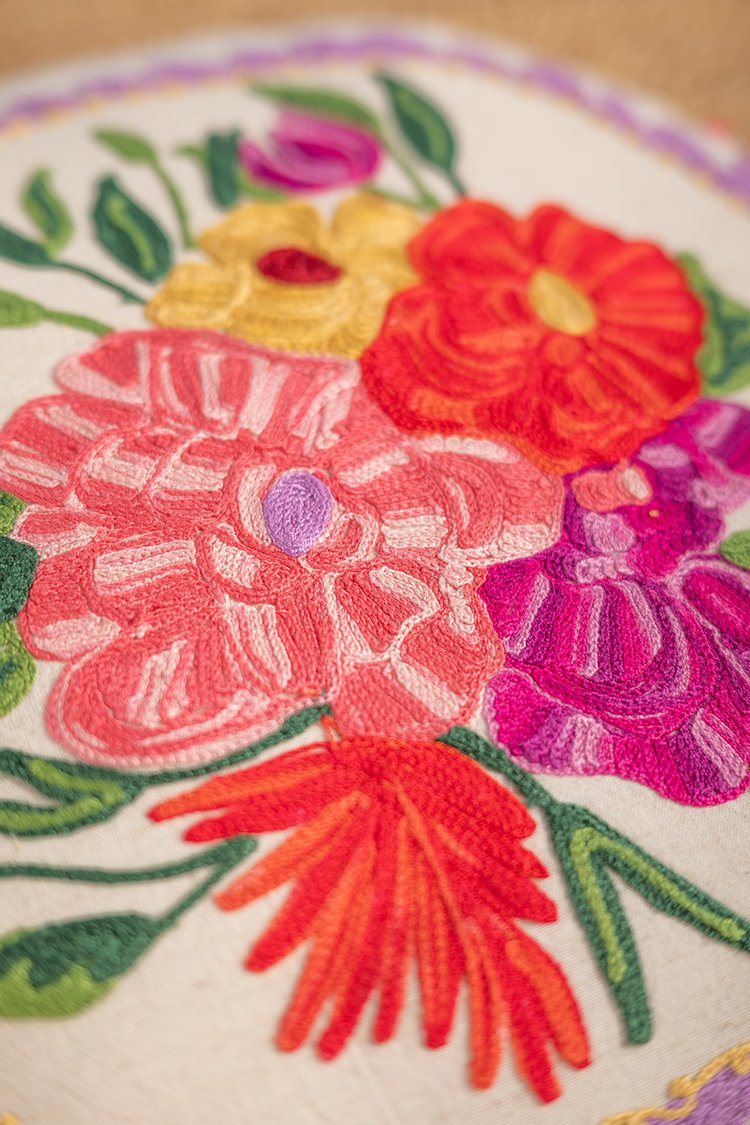 Artisan White Floral Embroidered Patch Pouffe