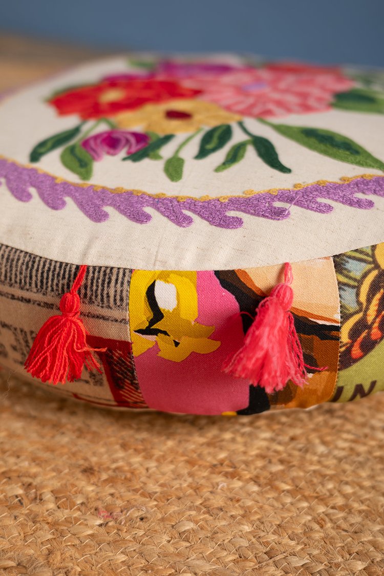 Artisan White Floral Embroidered Patch Pouffe