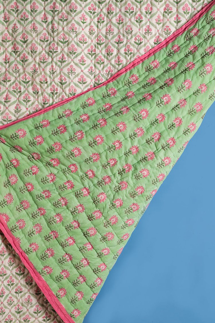 Laurel & Taffy Hand Block Print Cotton Reversible Quilt