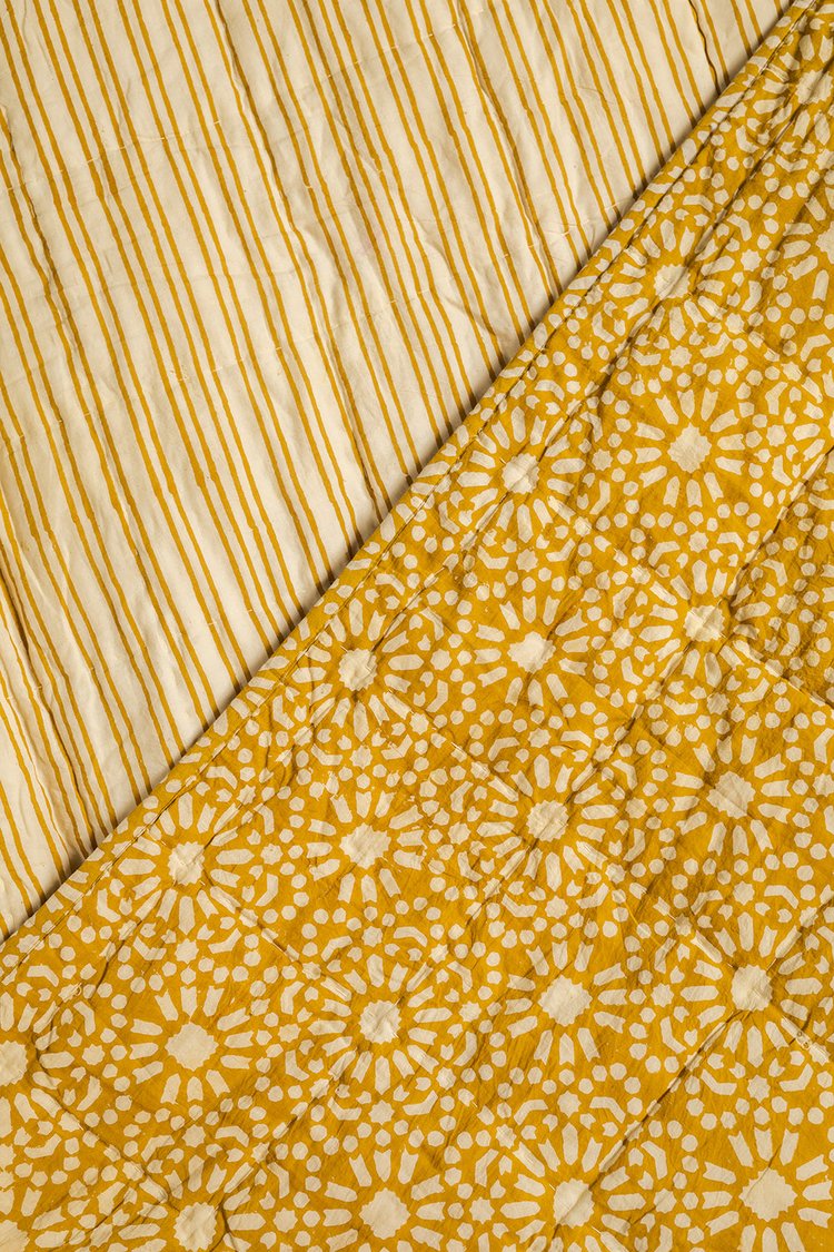 Mustard Hand Block Print Cotton Reversible Quilt