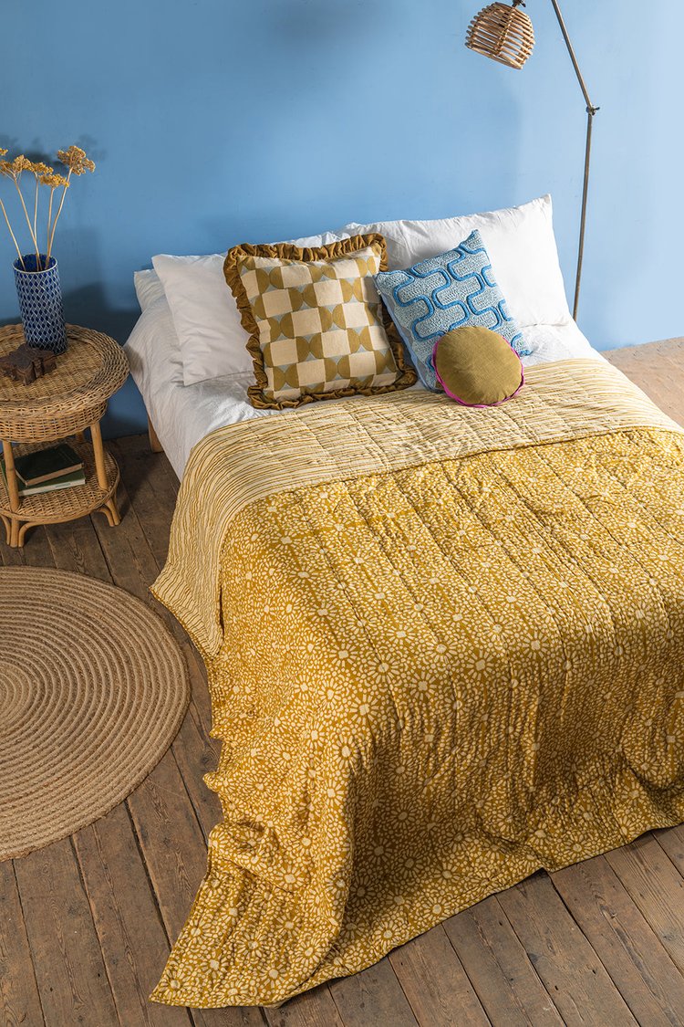 Mustard Hand Block Print Cotton Reversible Quilt