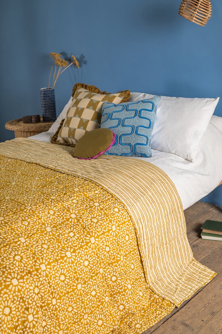 Mustard Hand Block Print Cotton Reversible Quilt