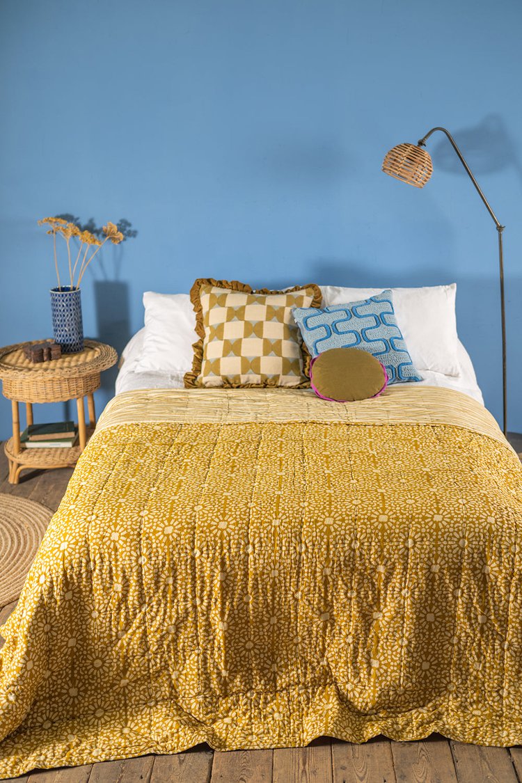 Mustard Hand Block Print Cotton Reversible Quilt