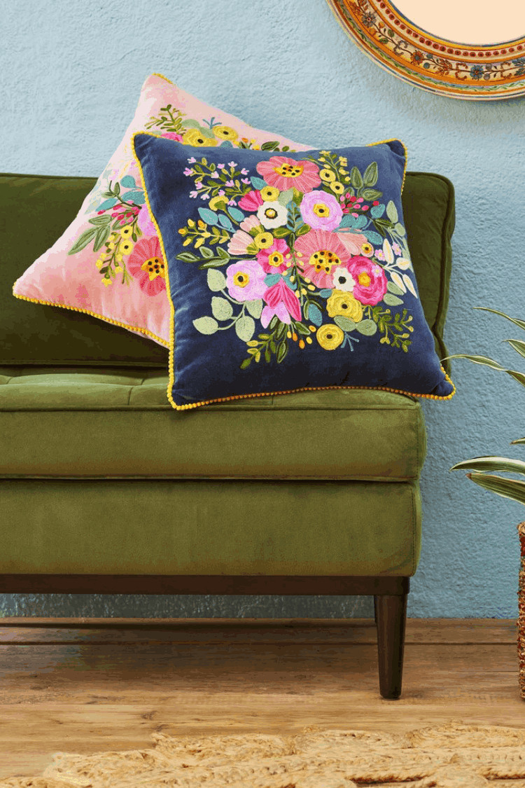 Artisan Embroidered Velvet Flower Cushion