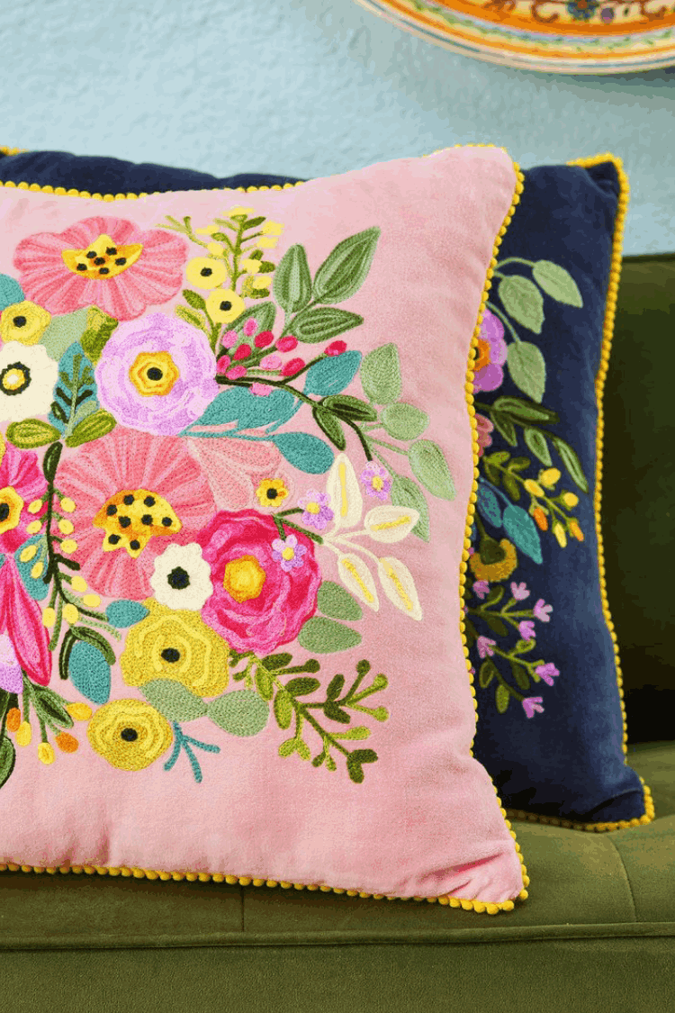 Artisan Embroidered Velvet Flower Cushion