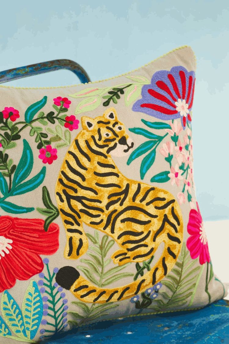 Artisan Embroidered Tiger Cushion