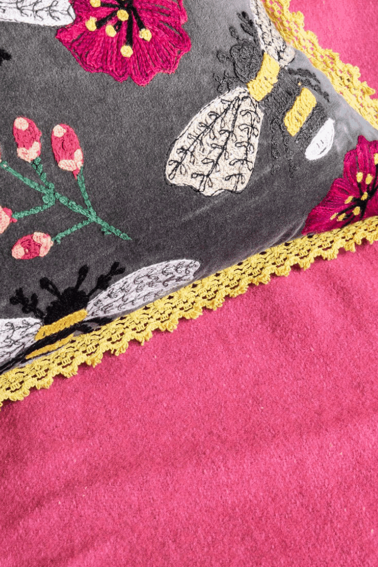 Artisan Embroidered Honey Bee Fringe Cushion