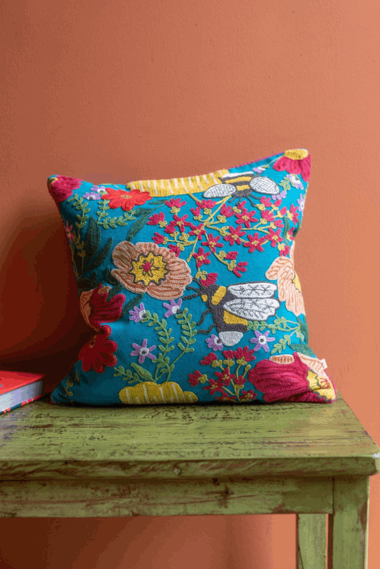 Artisan Embroidered Wild Flowers & Bee Cushion
