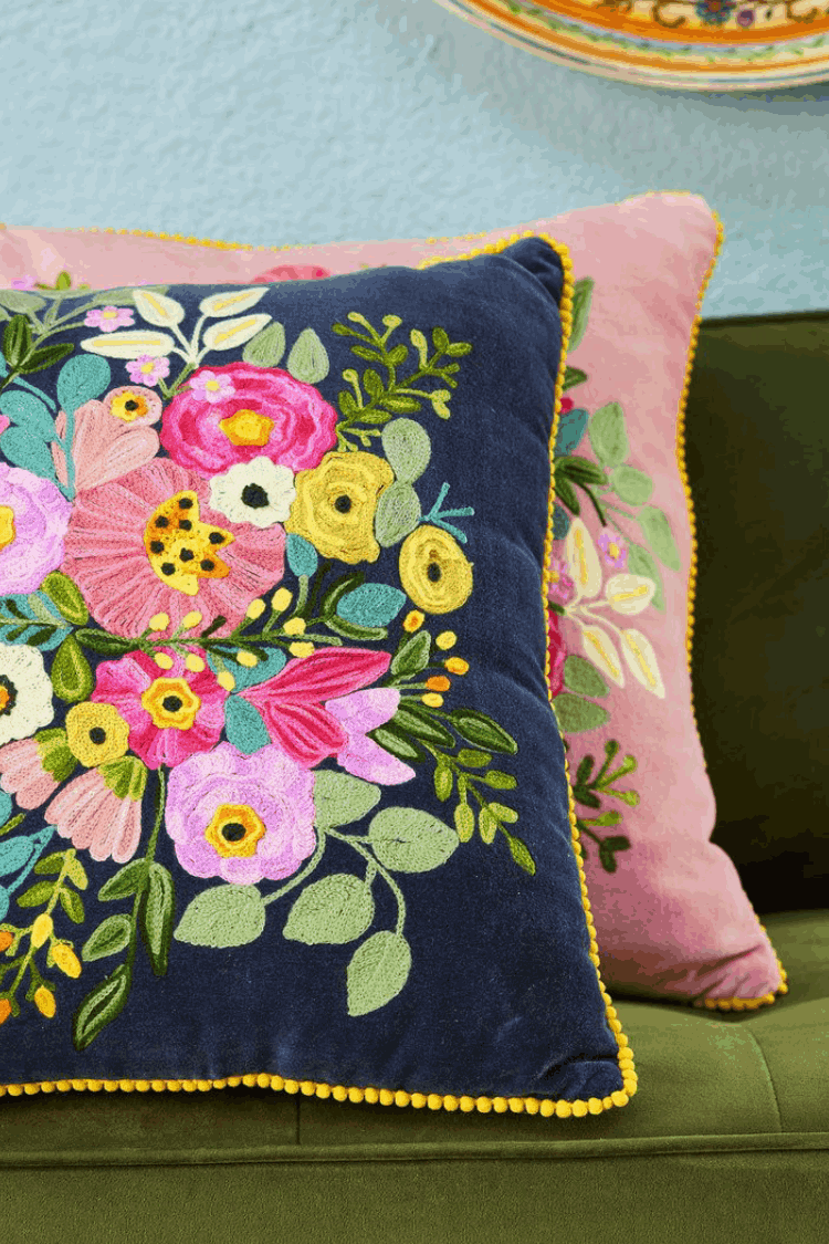 Artisan Embroidered Velvet Flower Cushion
