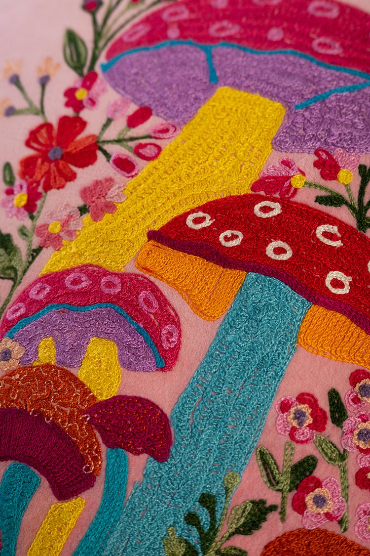Artisan Embroidered Velvet Toadstools Cushion