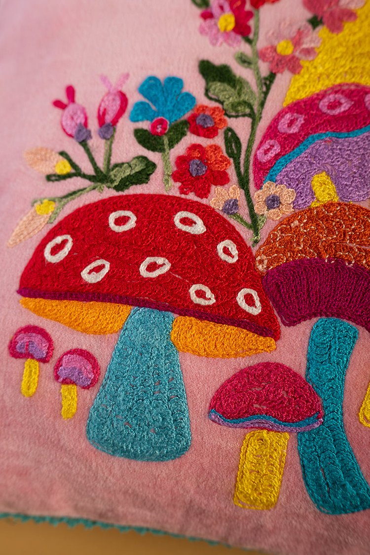Artisan Embroidered Velvet Toadstools Cushion