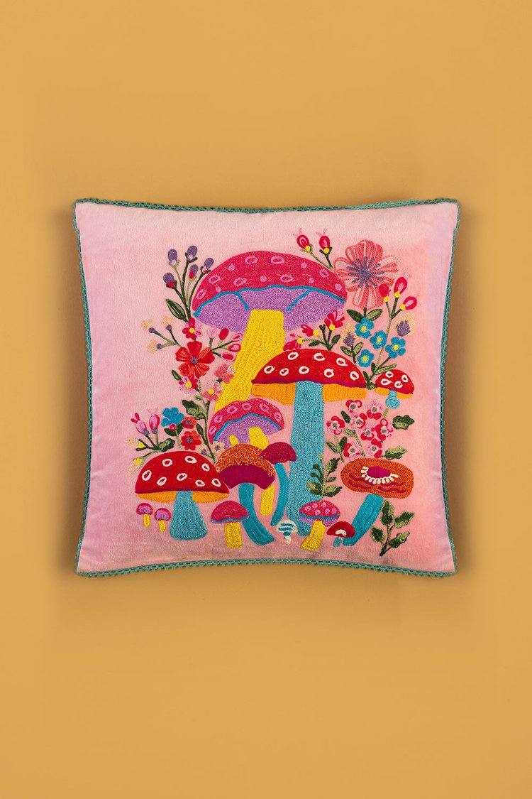 Artisan Embroidered Velvet Toadstools Cushion