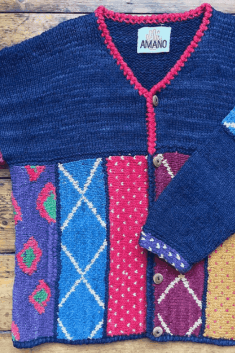 Preloved Vintage Amano V-Neck Cardigan Navy Hand Knitted 100% Wool