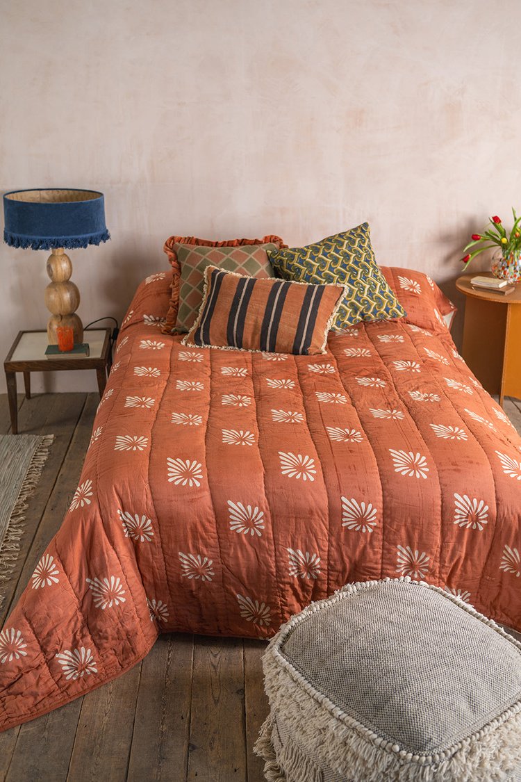 Terracotta Hand Block Print Cotton Reversible Quilt