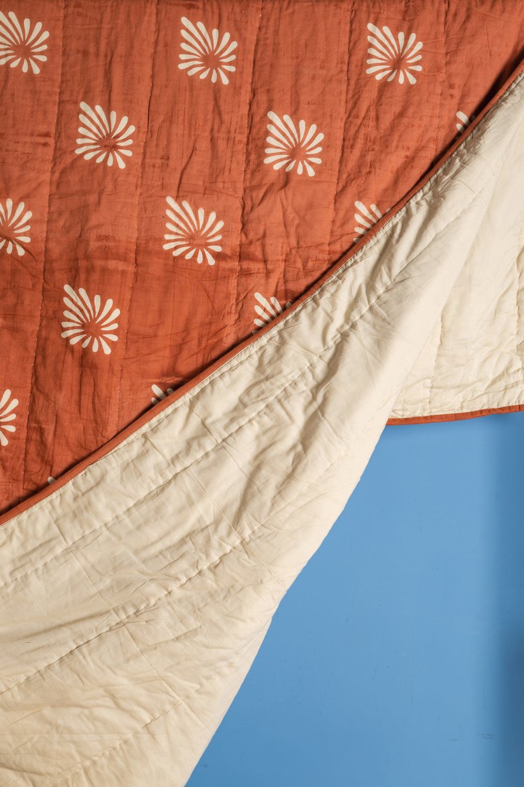 Terracotta Hand Block Print Cotton Reversible Quilt