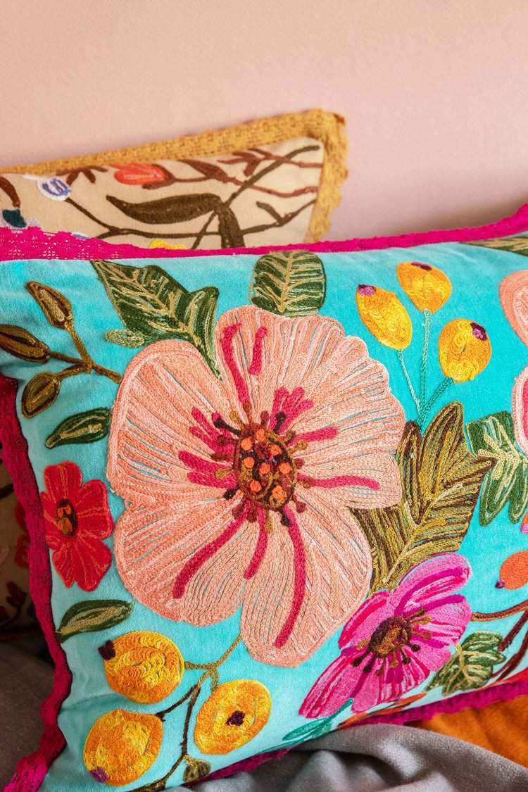 Artisan Embroidered Flower Cushion