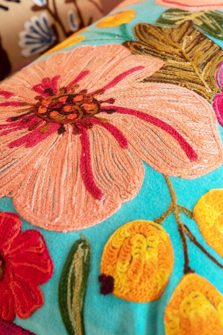 Artisan Embroidered Flower Cushion