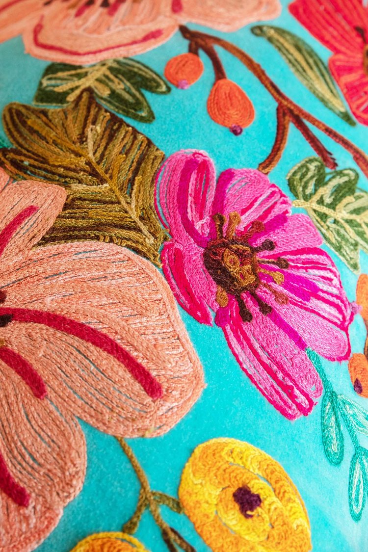 Artisan Embroidered Flower Cushion