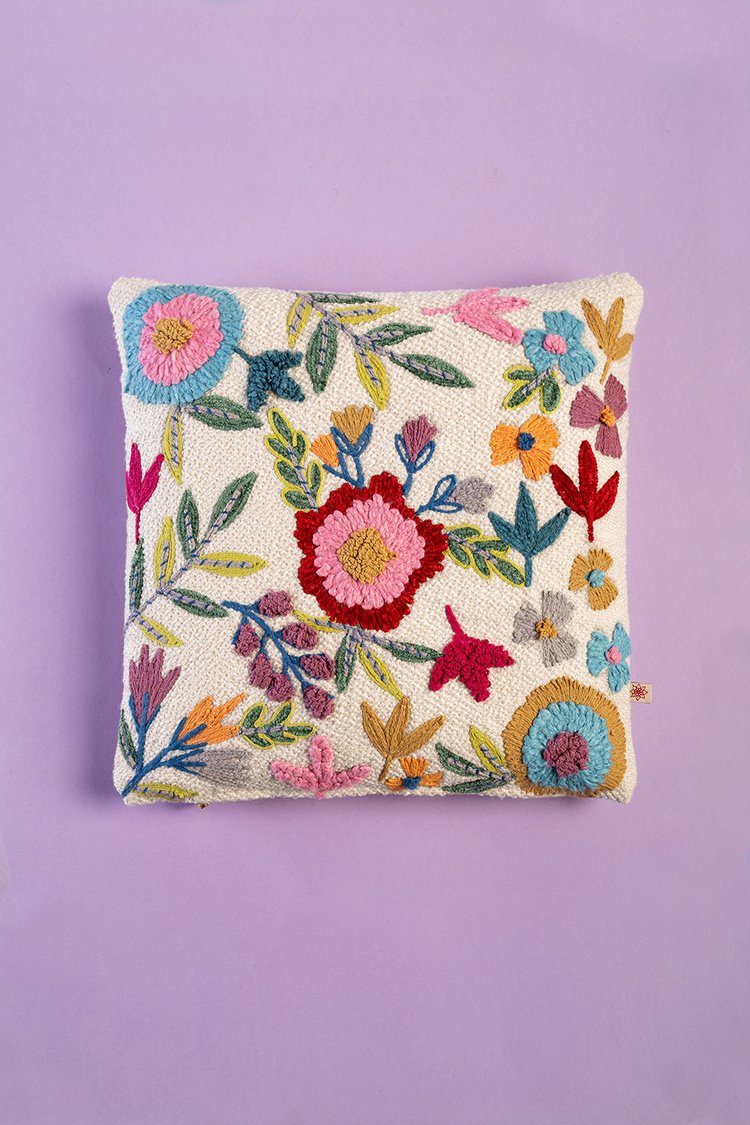 Artisan White Embroidered Floral Cushion