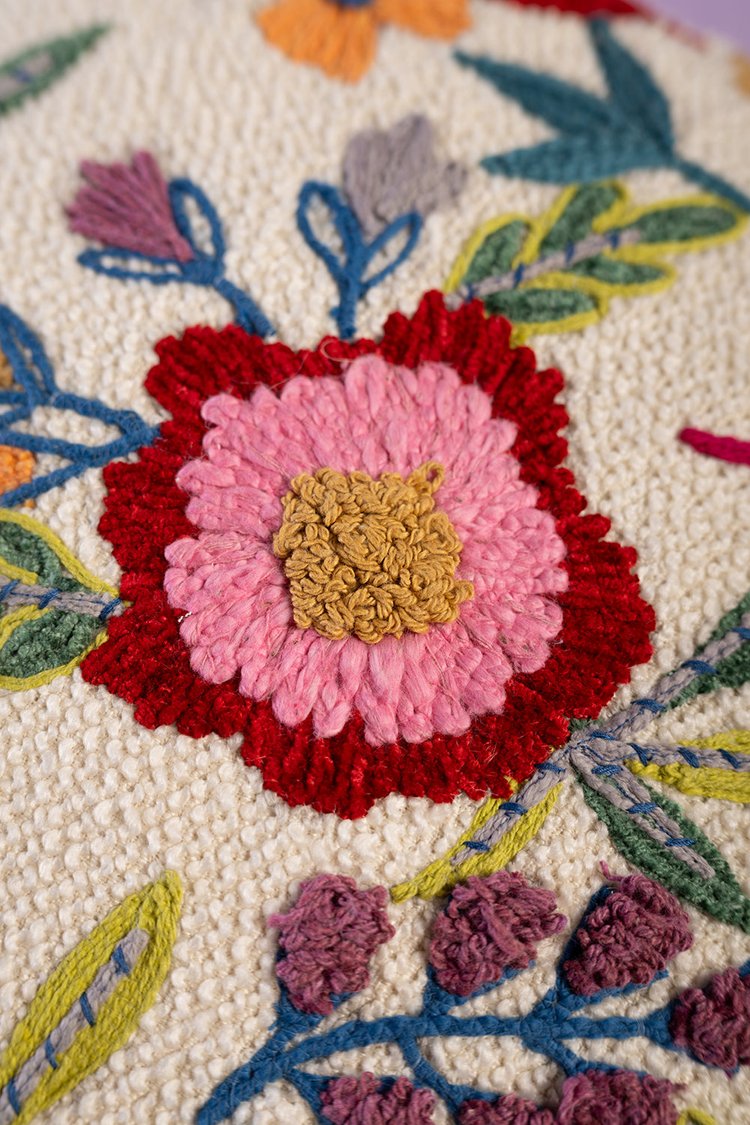Artisan White Embroidered Floral Cushion