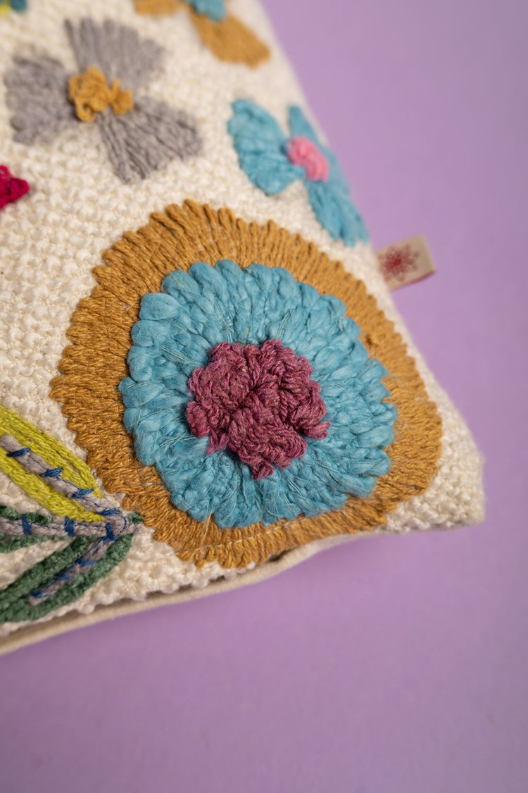Artisan White Embroidered Floral Cushion