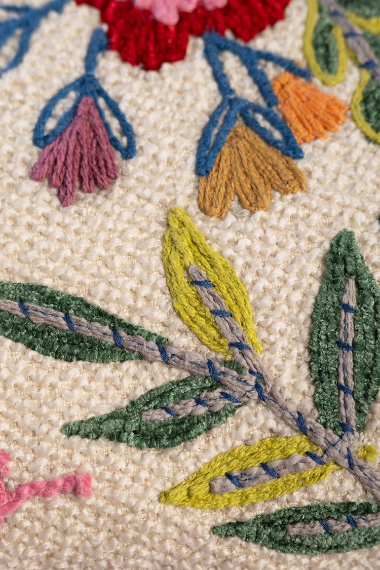 Artisan White Embroidered Floral Cushion