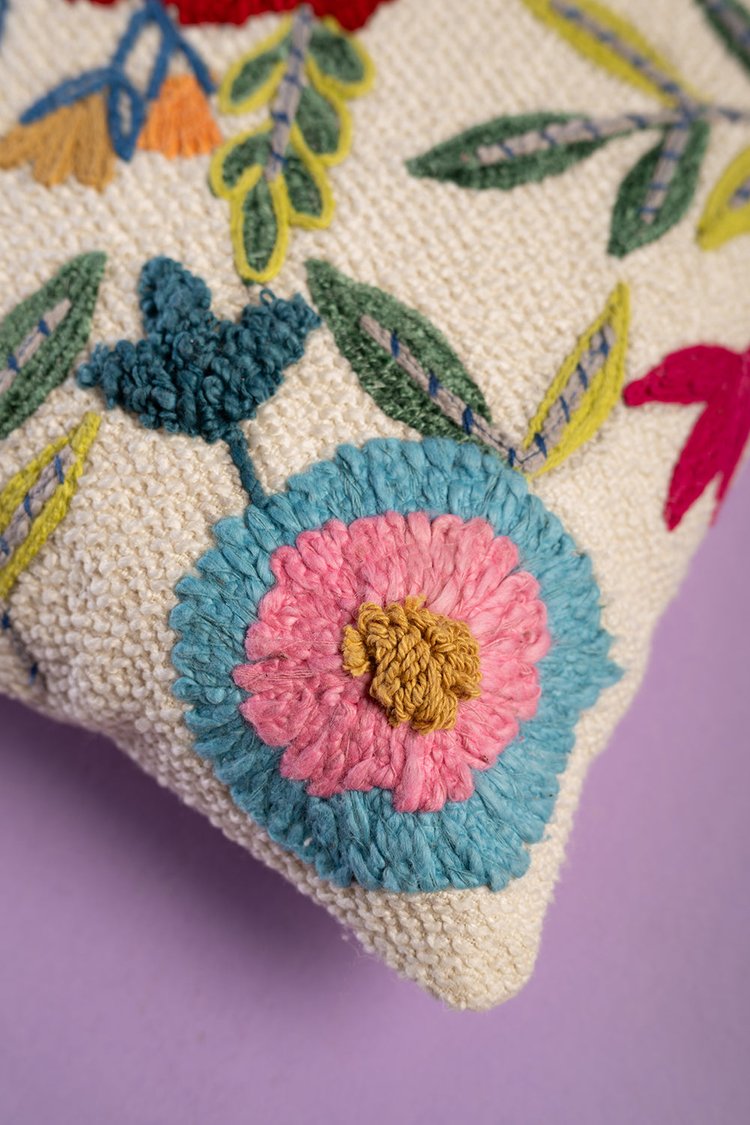 Artisan White Embroidered Floral Cushion
