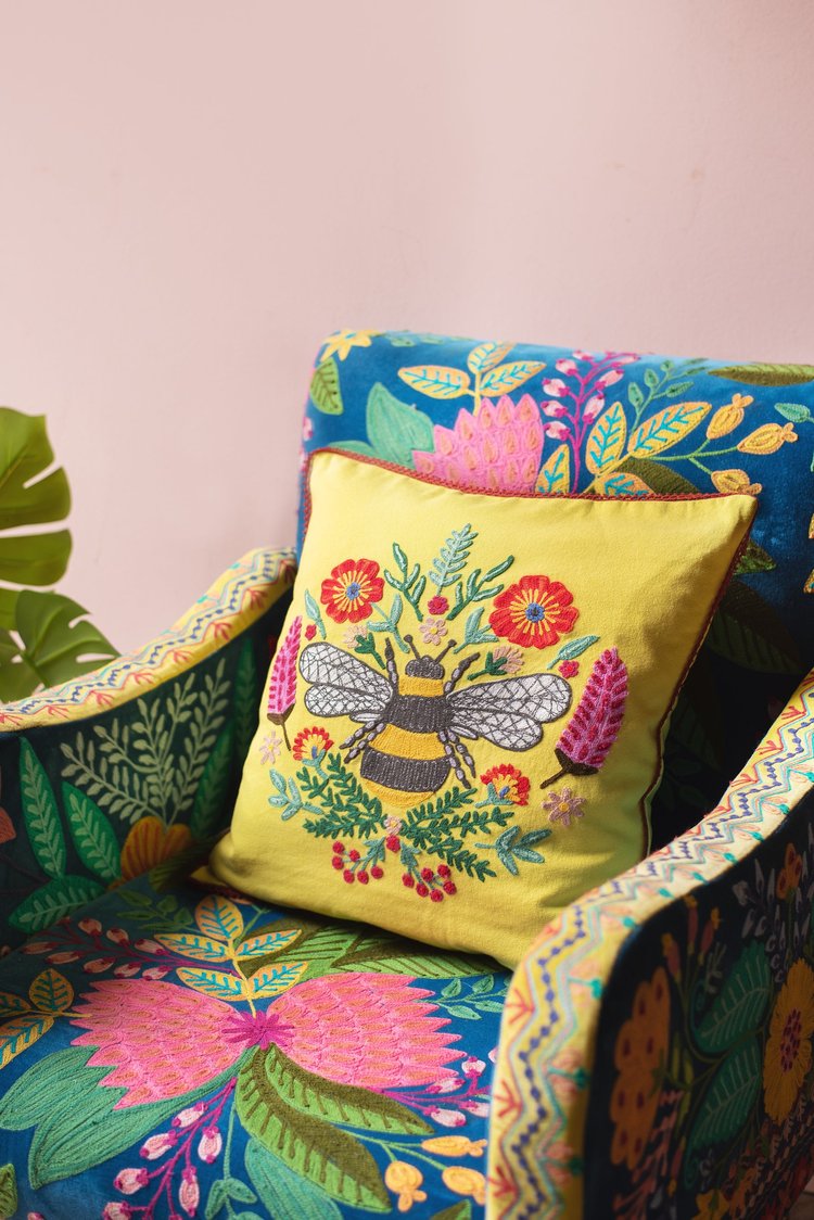 Artisan Embroidered Bee Cushion