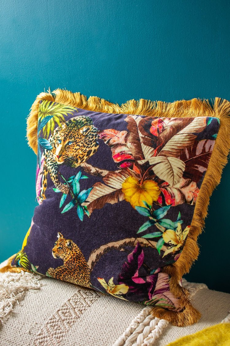Artisan Tropical Leopard Fringed Cushion