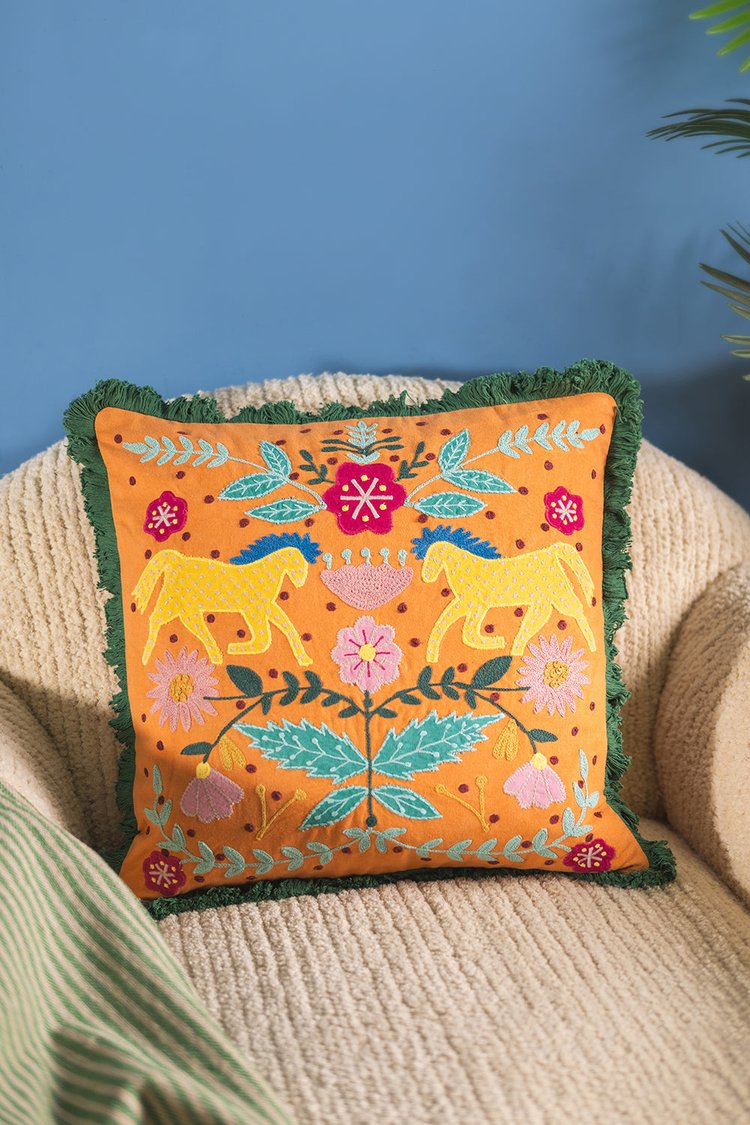 Artisan Applique and Embroidered Dancing Horses Fringe Cushion